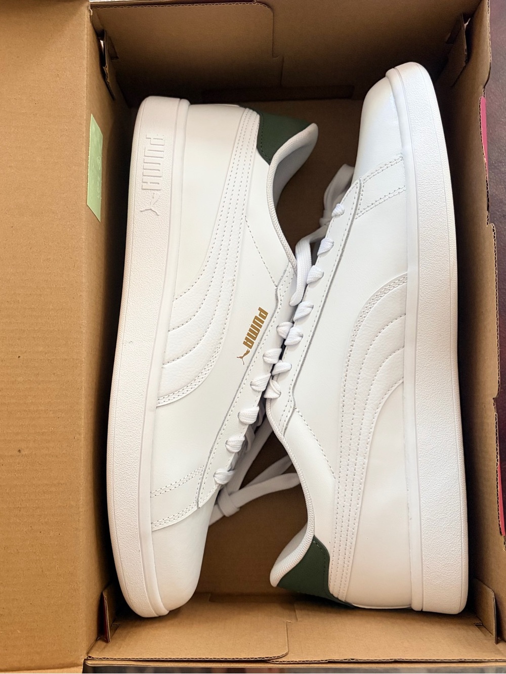 Puma White Leather Court Sneakers with Green Heel and Gold Logo